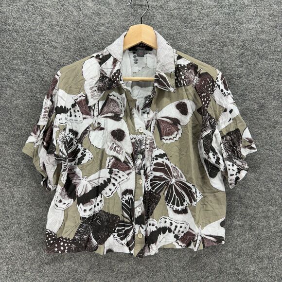 Midnight Shirt Women M Medium Gray Butterfy Print Button Up Collared Rayon - Picture 1 of 7